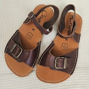 NWOT Crupon Mida Barefoot Sandals Sz 36 6.5 Bunker Brown Leather Buckle Shoes
